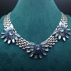 Silver Tone Blue Rhinestone Statement Necklace